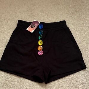 QOS rainbow button fleece black shorts